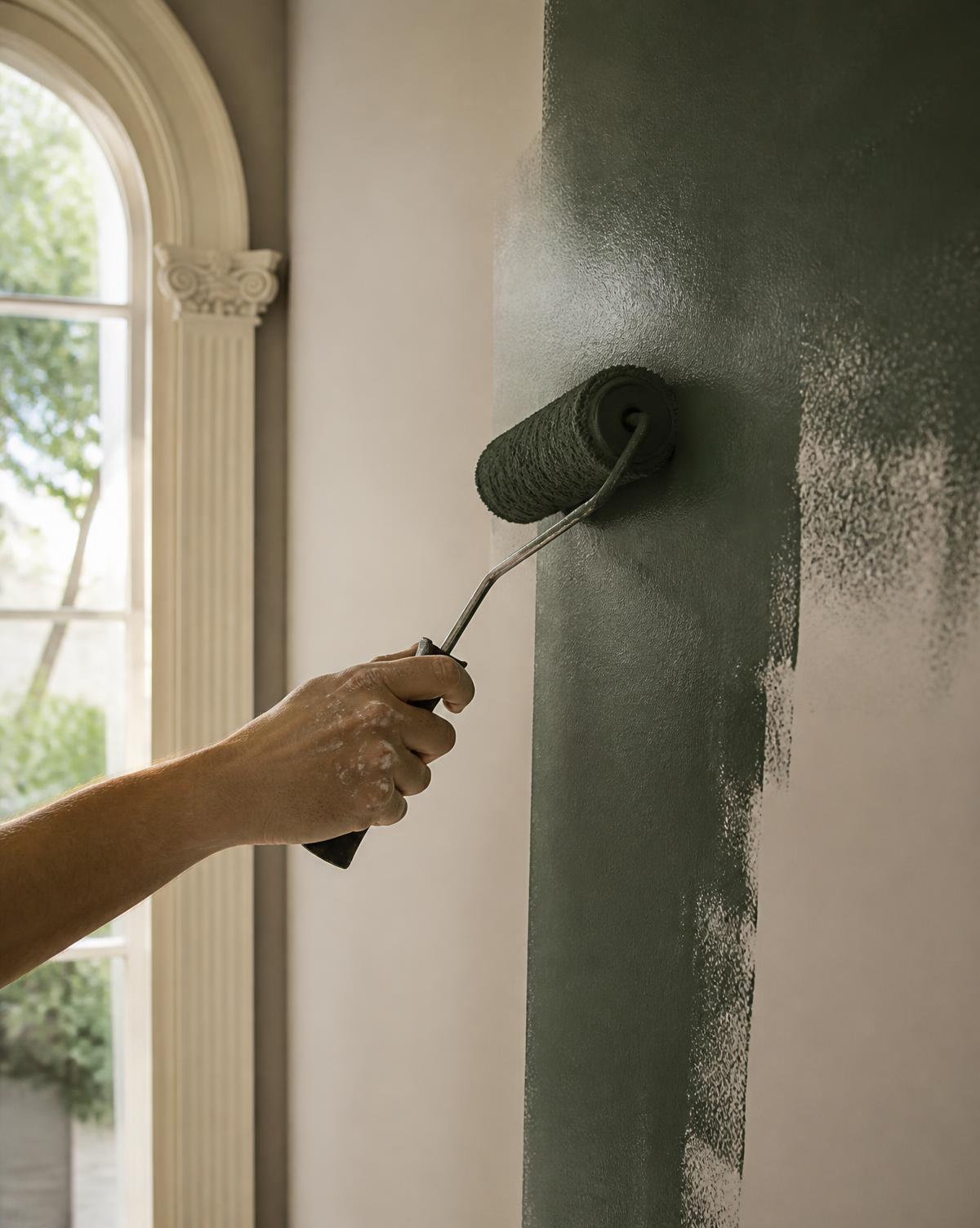 Painter rolling deep green paint onto an interior wall in a Melbourne period home